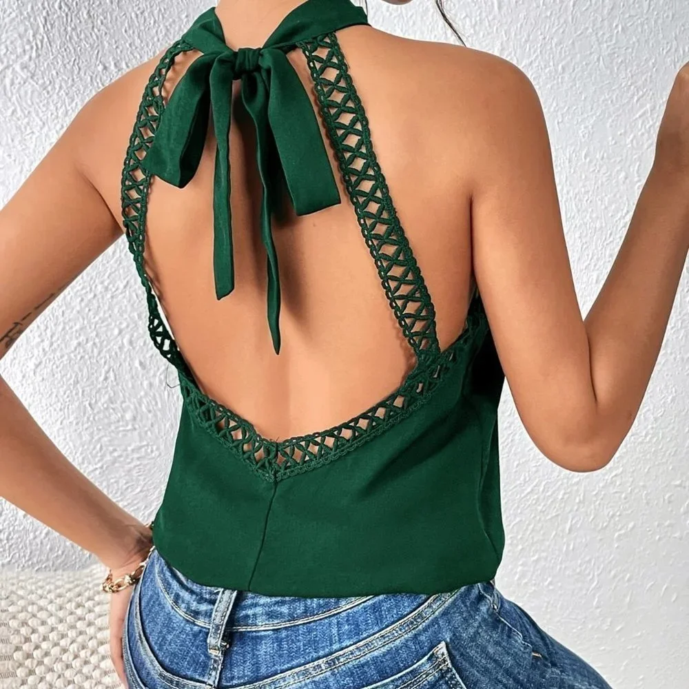 Green Boho Womens Tie Backless Ruffle Trim Peplum Blouse - Picture 4 of 5